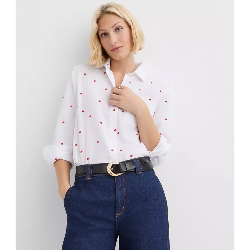 LOFT Womens White Dobby Heart Embroidered Button Down Shirt Size M Red Hearts - Picture 1 of 12